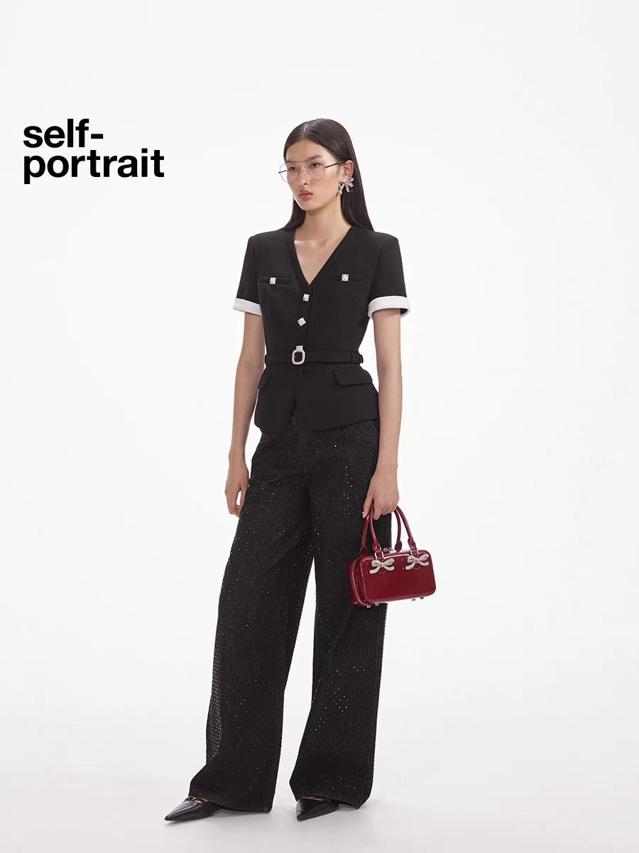 Self-Portrait BLACK CREPE CONTRAST TOP