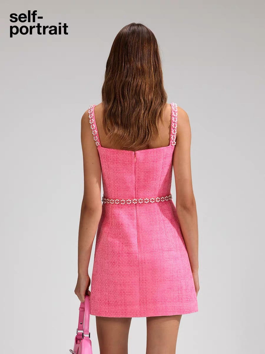 Self-Portrait PINK BOUCLE BOW MINI DRESS