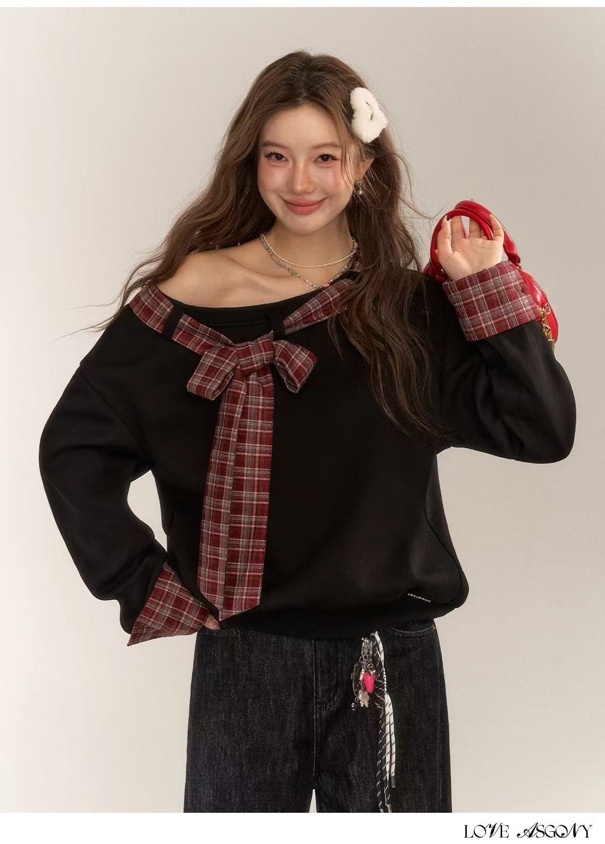 AsGony ASG24658 Splicing plaid bow hoodie