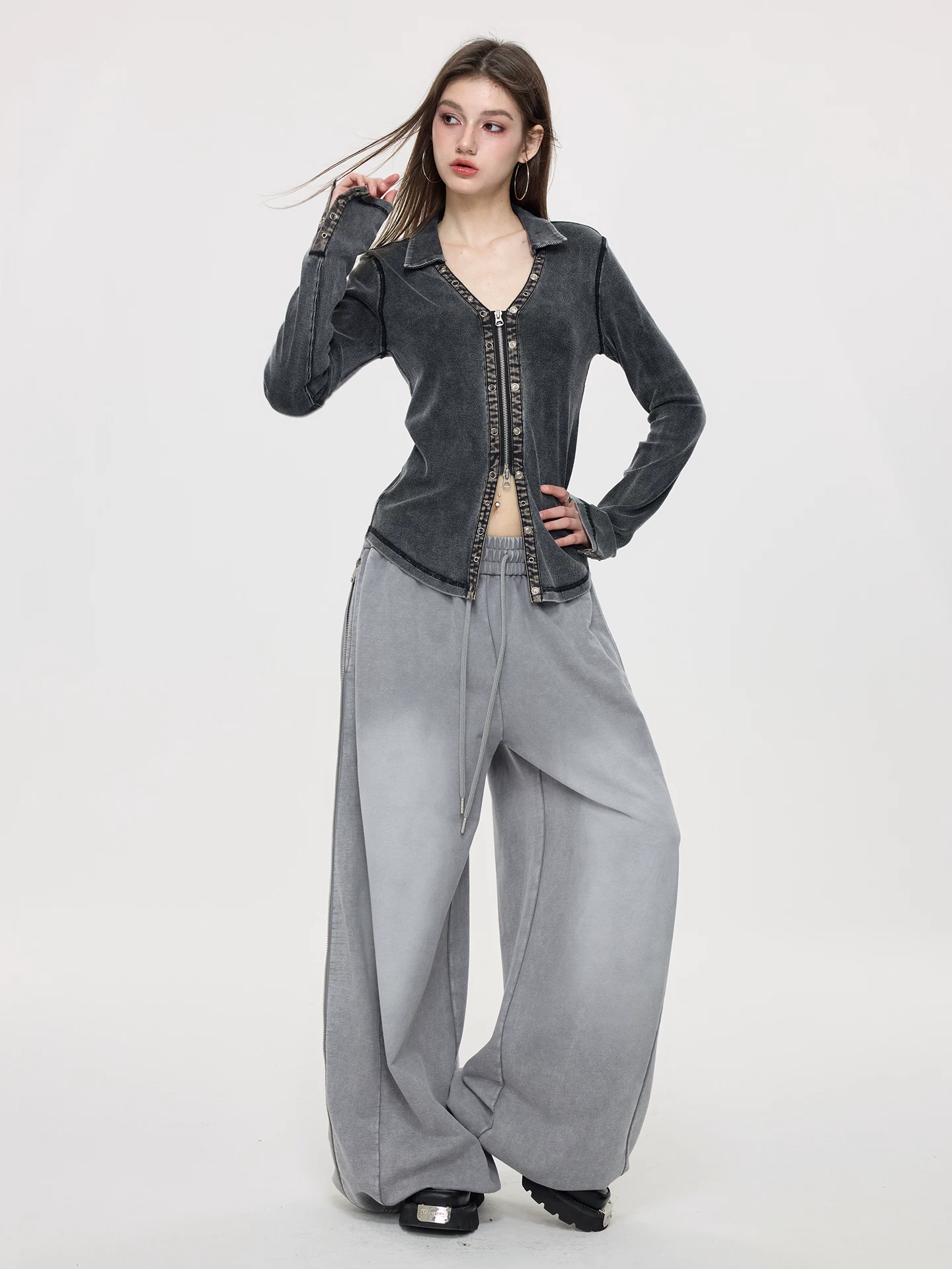 Nova Street Slimming Fitted Blouse with Dual Zippers