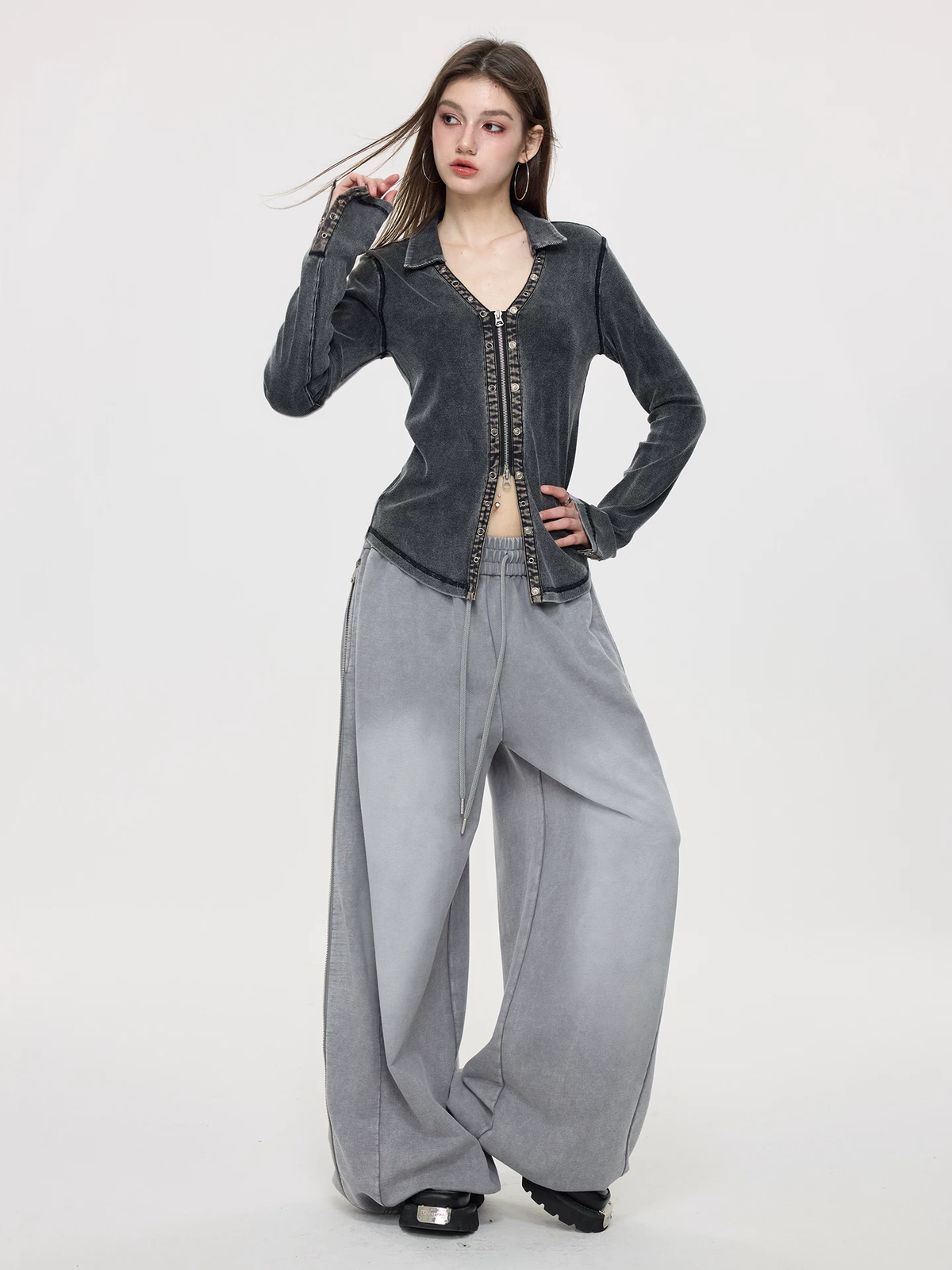 Nova Street Slimming Fitted Blouse with Dual Zippers