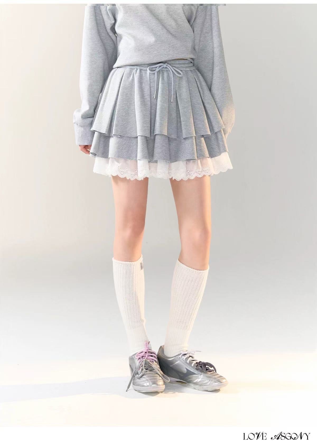 AsGony ASG24710 ASG24711 Preppy style hoodie + skirt set