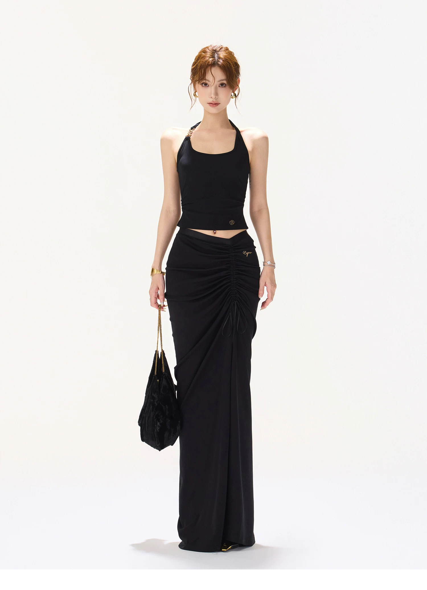 CYNR Halter Neck Knot Front Tank Top &amp; Drawstring Bodycon Skirt