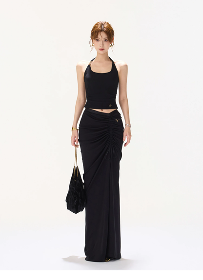 CYNR Halter Neck Knot Front Tank Top &amp; Drawstring Bodycon Skirt
