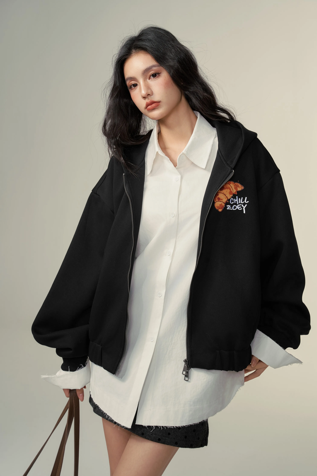 Chill Zoey Croissant mock-layered hoodie jacket