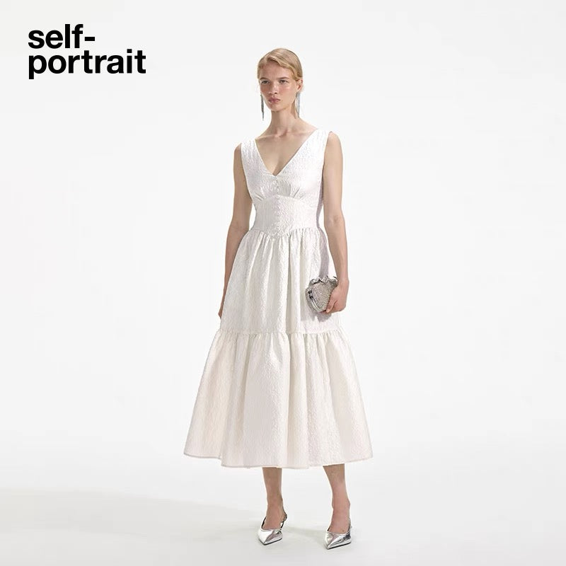 Self-Portrait WHITE TAFFETA V-NECK MIDI DRESS