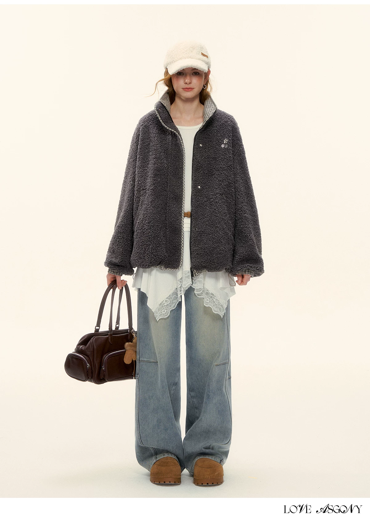 AsGony ASG25616 Gray plaid fleece jacket
