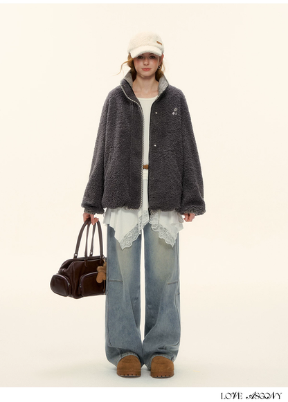 AsGony ASG25616 Gray plaid fleece jacket