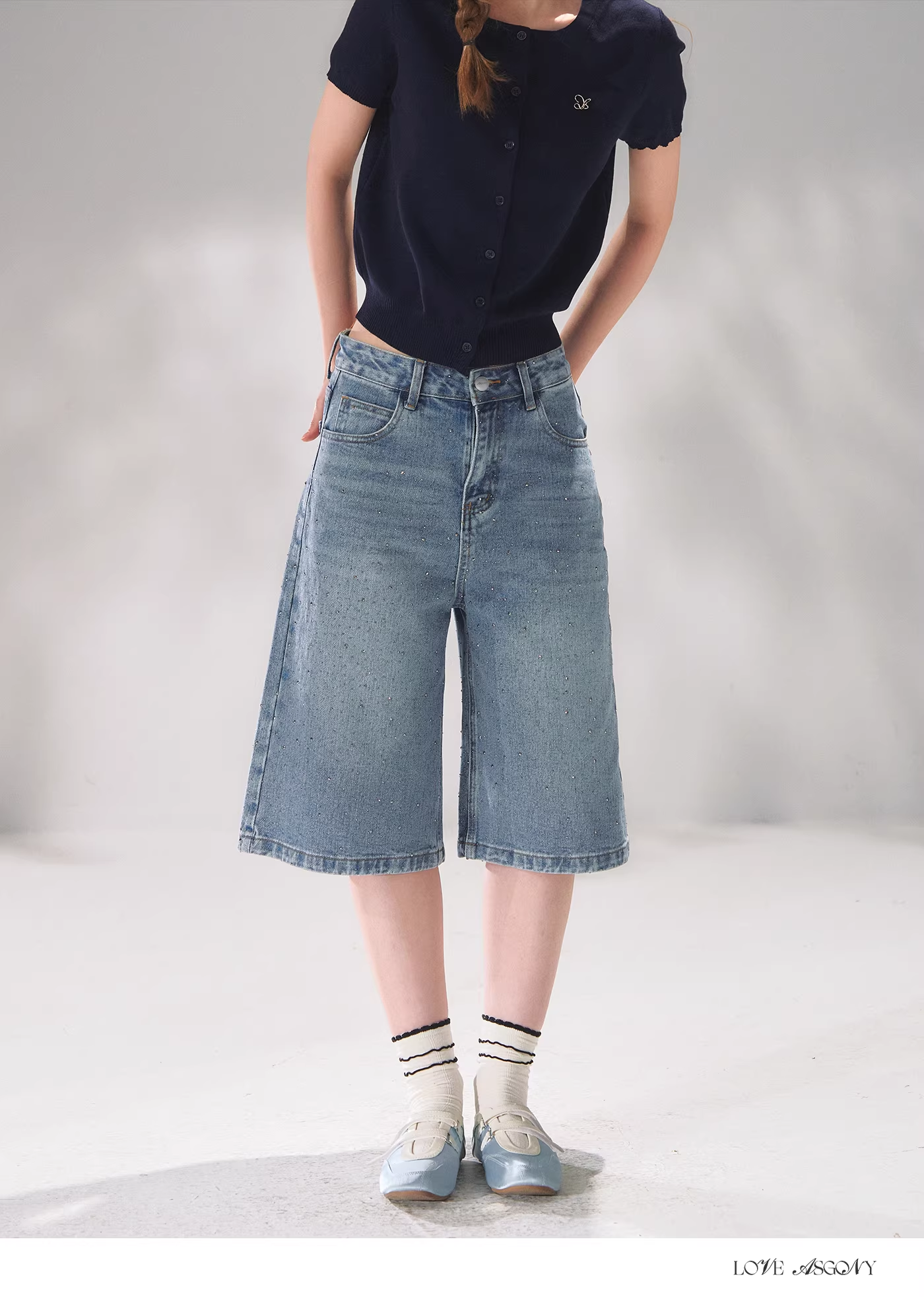 AsGony ASG26070 Rhinestone washed wide leg denim cropped pants