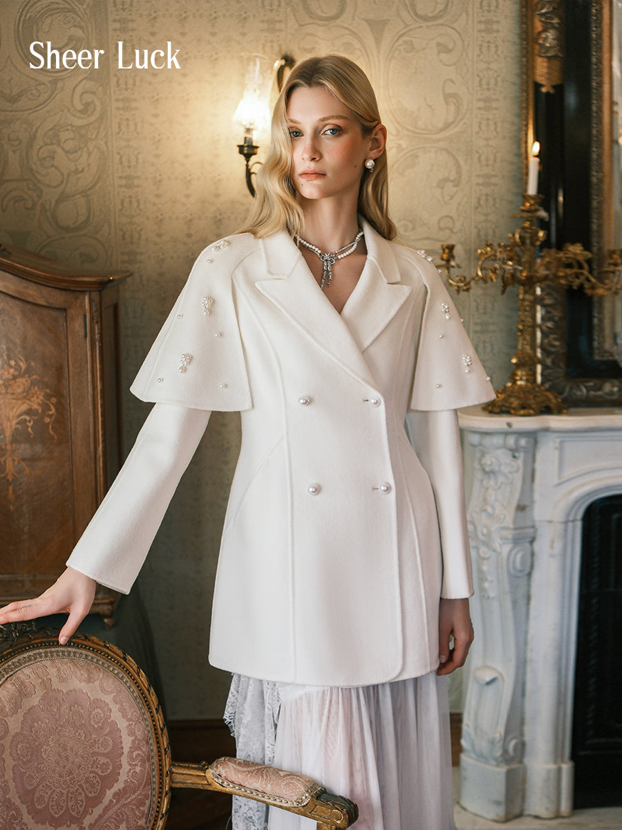 SHEERLUCK SLDD25302 Vintage pearl cape woolen coat