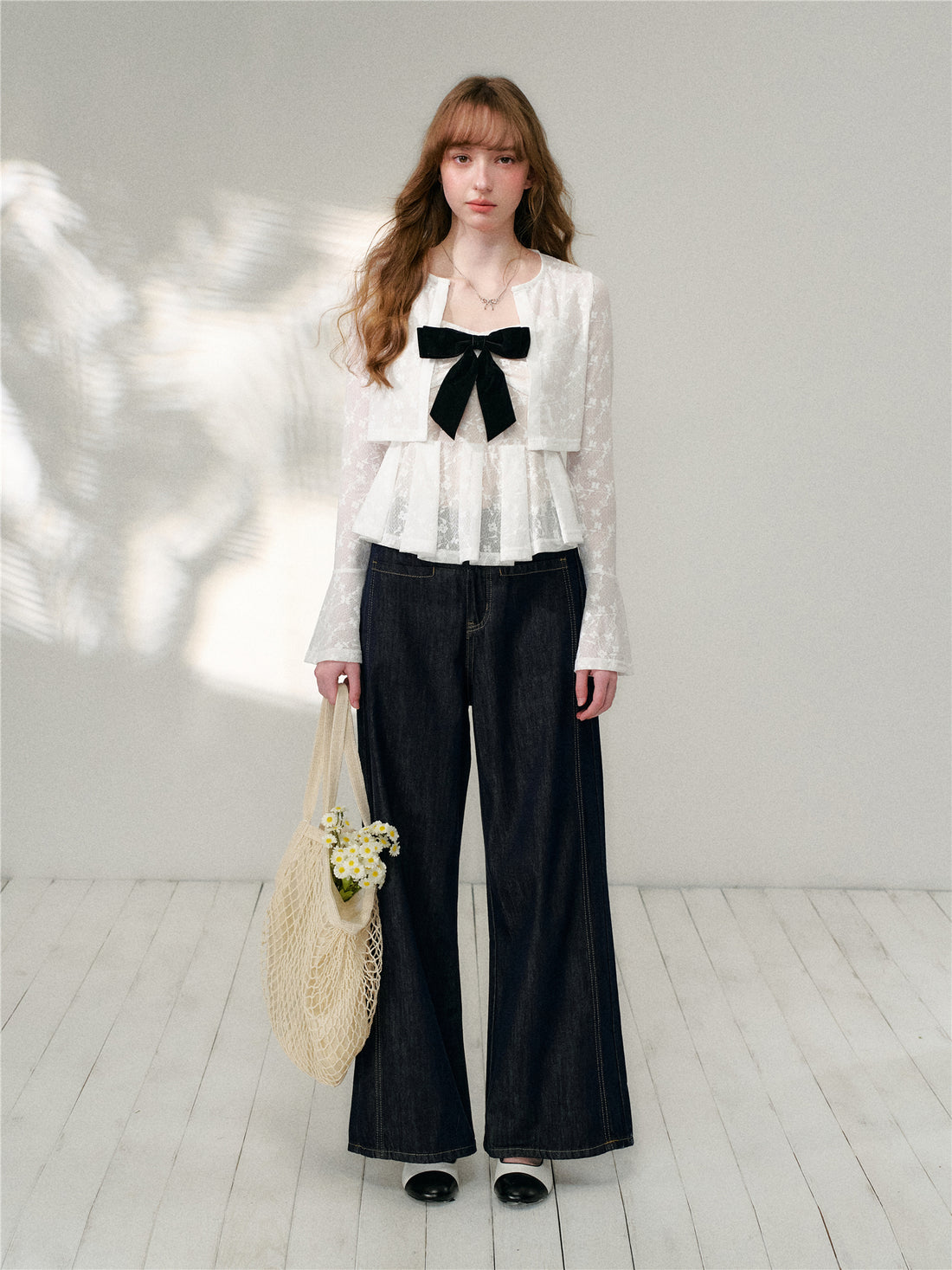 16DEWS 16D26105&amp;16D26106 Lace jacquard flared sleeve cardigan + camisole