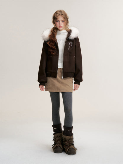 16DEWS 16D25487 Detachable faux fur collar woolen sweatshirt jacket