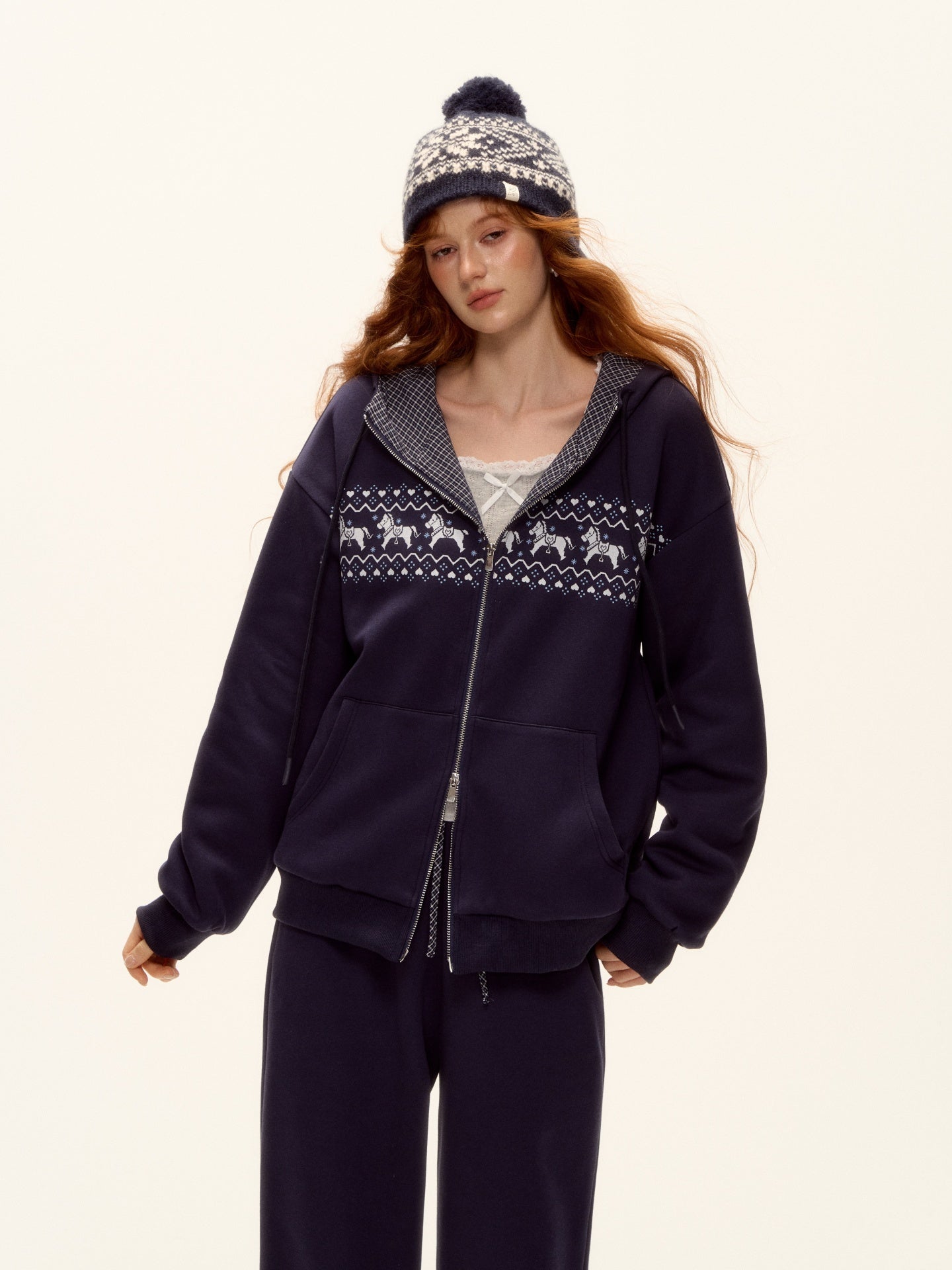AsGony ASG25498&amp;ASG25499 Fel Island printed hooded jacket + pants set