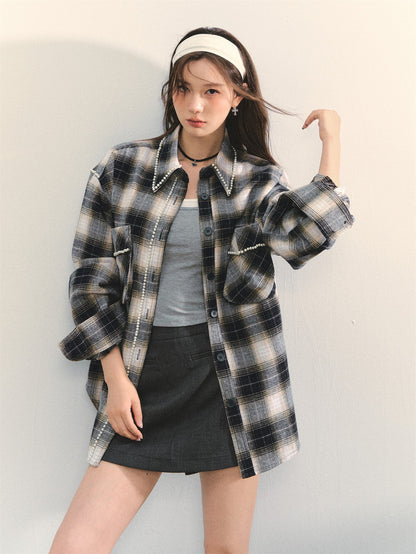 AsGony ASG25330 Navy blue checkered handmade pearl shirt