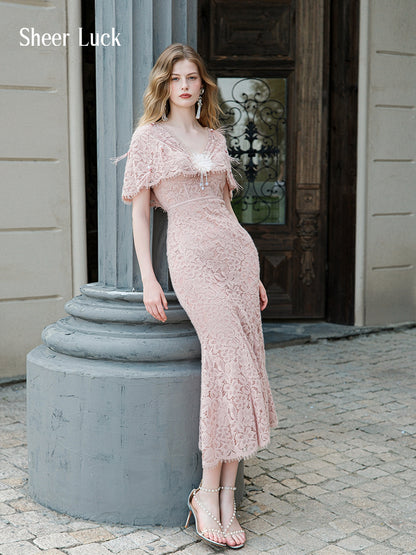 SHEERLUCK SLLYQ25405 V-neck lace shawl suspender dress