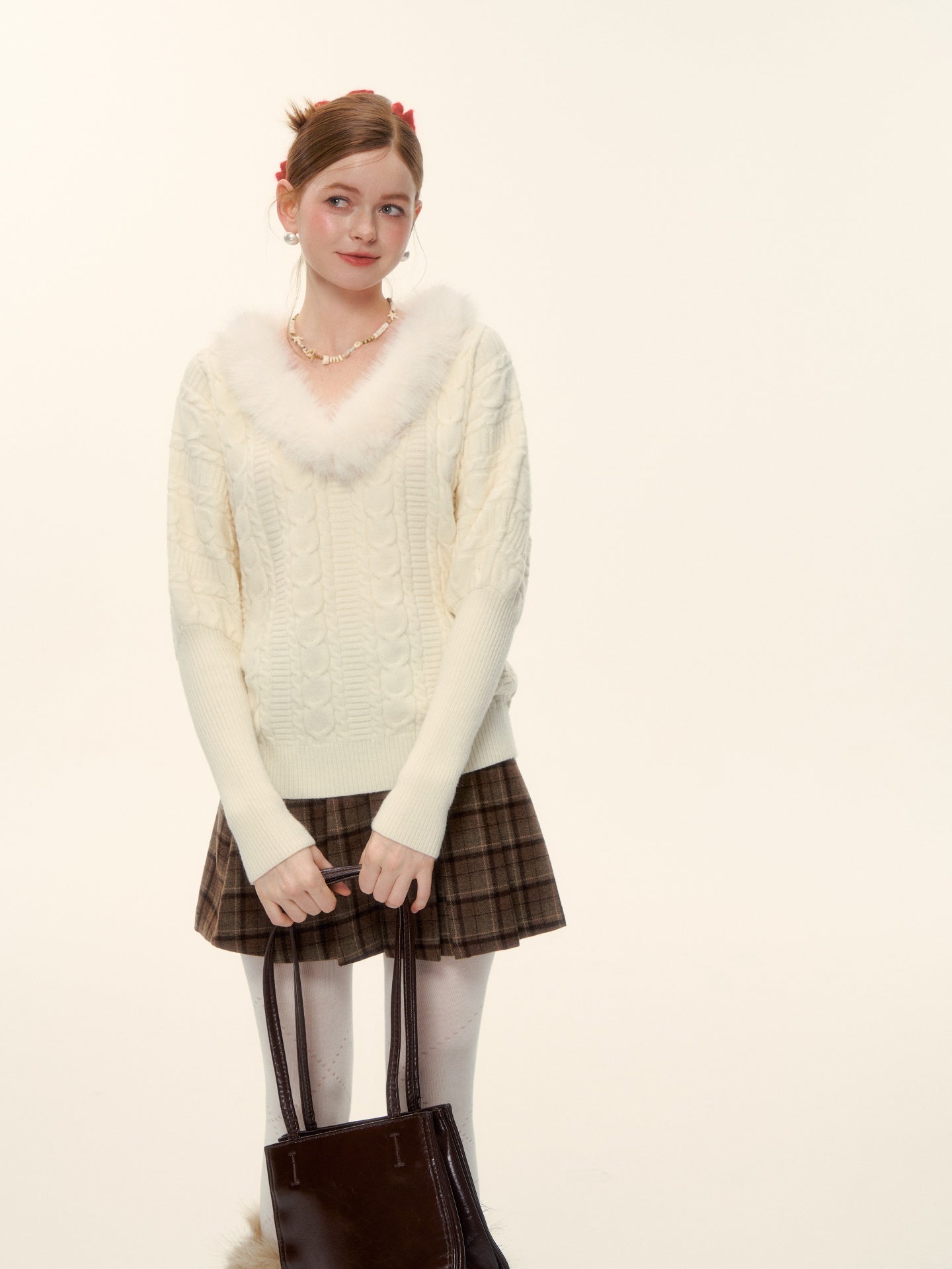 AsGony ASG25627 V-neck wool strip twisted flower sheep leg sleeve knitted sweater