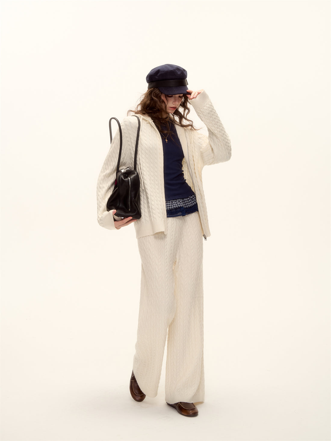 AsGony ASG25639&amp;ASG24653 Wool zipper hooded knitted sweater + pants