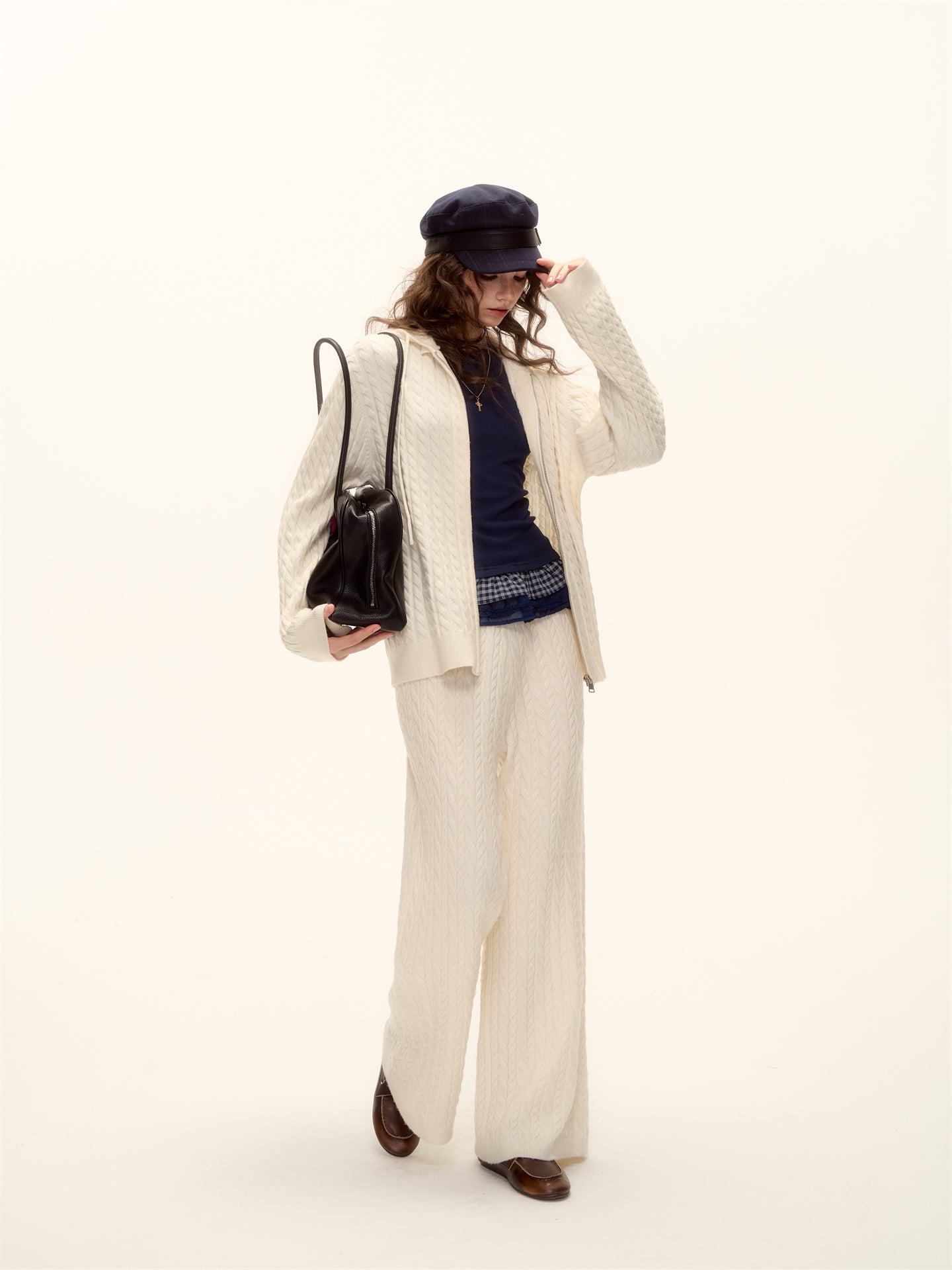 AsGony ASG25639&amp;ASG24653 Wool zipper hooded knitted sweater + pants