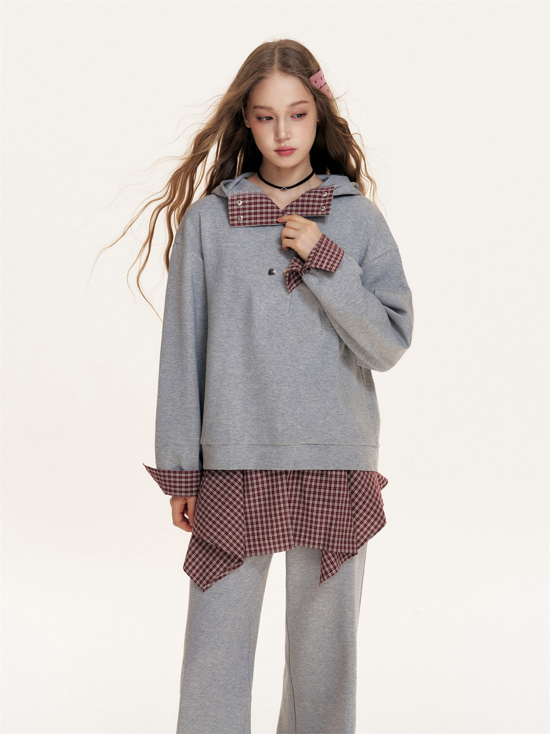 16DEWS 16D25397&amp;16D25398 Plaid patchwork hooded sweatshirt + pants set