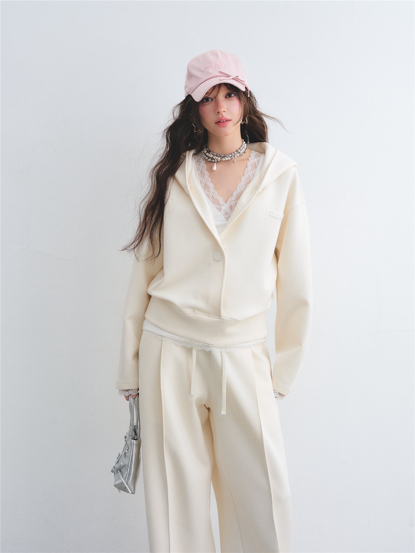 AsGony ASG26038&amp;ASG26039 V-neck cross lace patchwork vest hoodie + pants