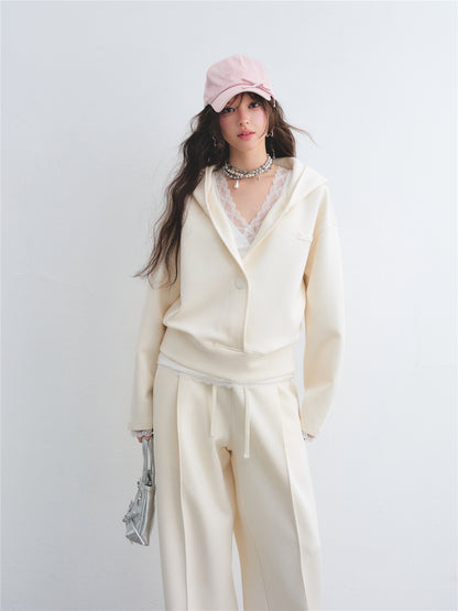 AsGony ASG26038&amp;ASG26039 V-neck cross lace patchwork vest hoodie + pants