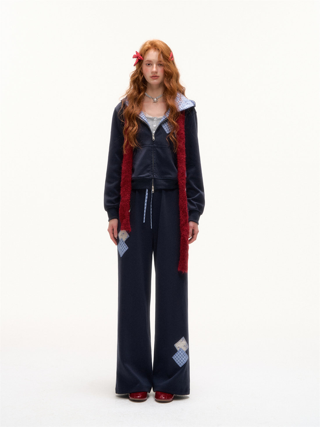AsGony ASG25351&amp;ASG25352 Grid patchwork applique zip-up hoodie + pants set