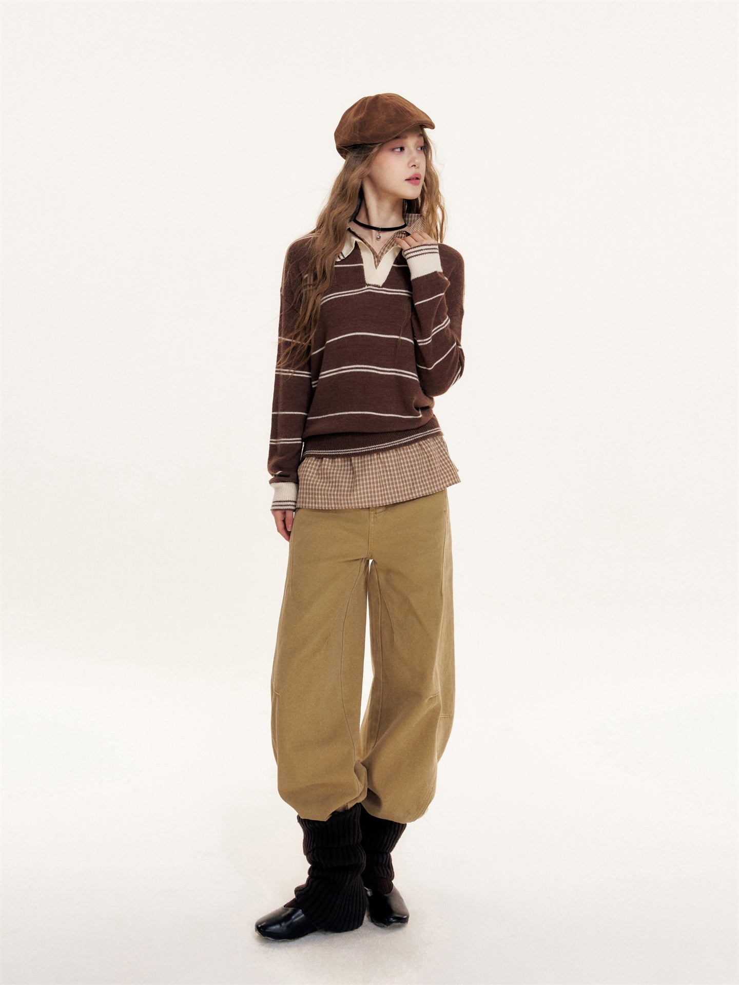 16DEWS 16D25380 Polo collar fake two-piece pullover sweater