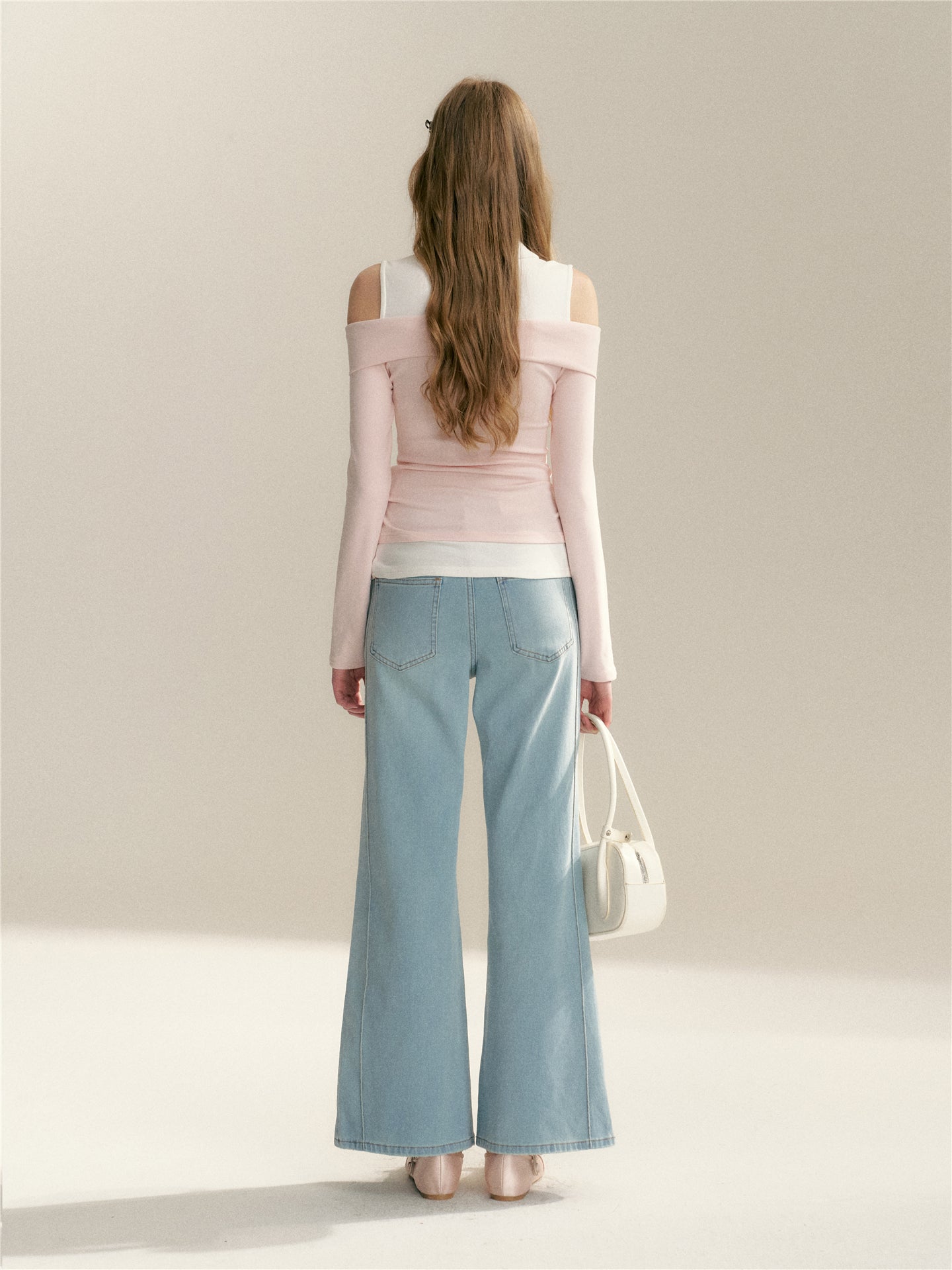 16DEWS 16D26022 Fake two piece off shoulder strap splicing slim fit top