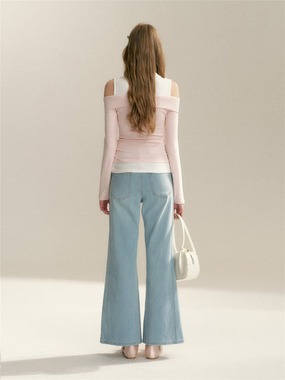 16DEWS 16D26022 Fake two piece off shoulder strap splicing slim fit top