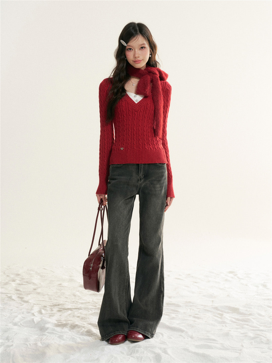 16DEWS 16D25514 Contrast V-neck fake two pieces knitting knitwear