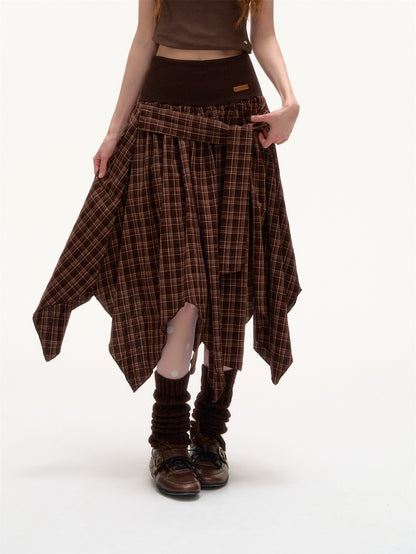 AsGony ASG25397 Irregular hem plaid skirt