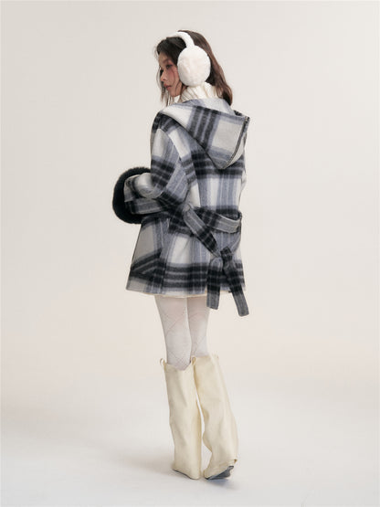 16DEWS 16D25456 Plaid hooded double-sided wool coat