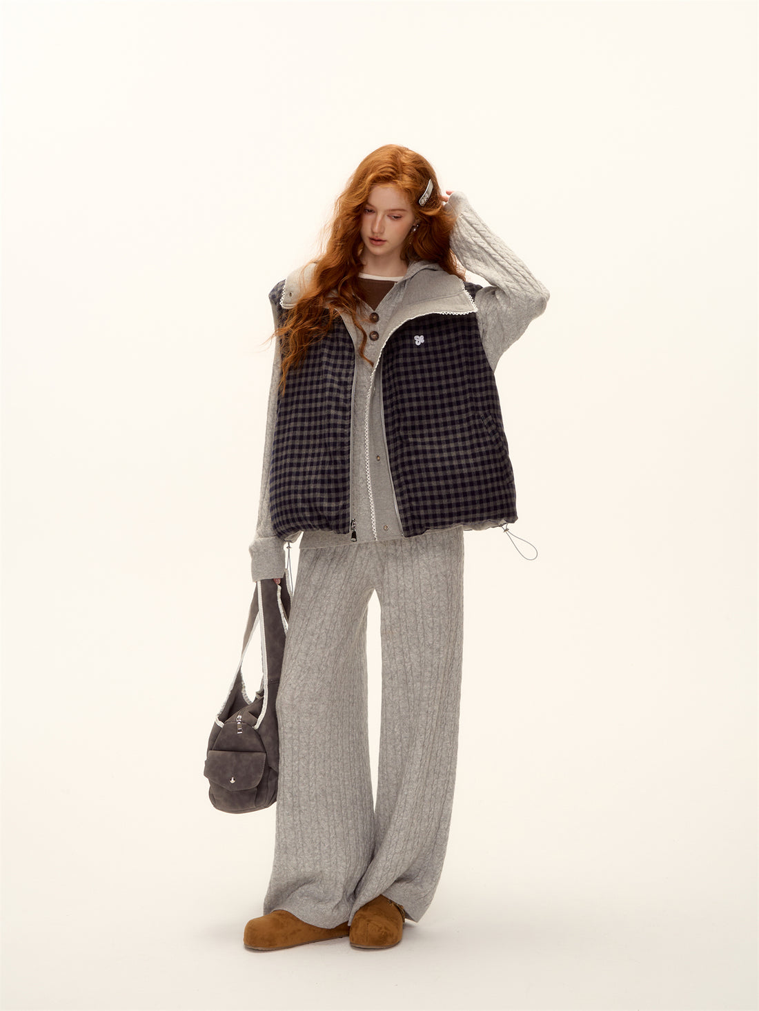 AsGony ASG25503 Double sided plaid lace patchwork vest