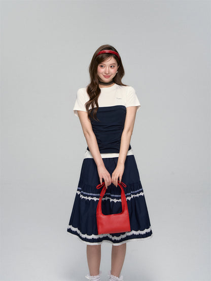 AsGony ASG25109 Elastic lace A-line skirt