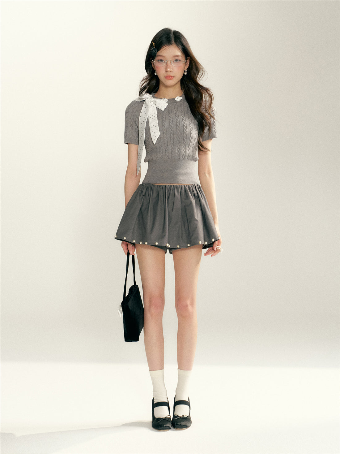 16DEWS 16D26016&amp;16D26017 Polk stitch short twisted flower knitted cardigan + top set + top set