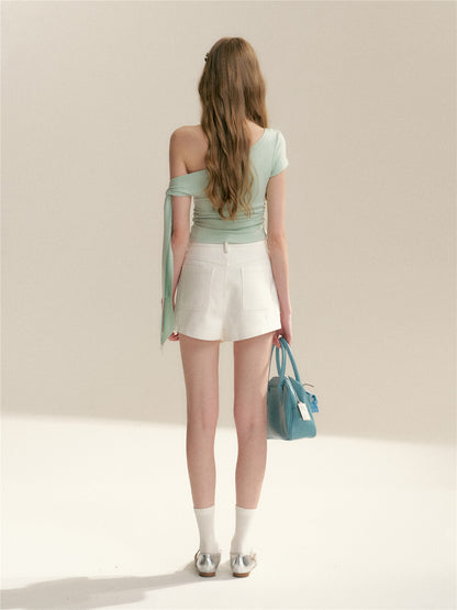 16DEWS 16D246060 Twisted ribbon slanted shoulder slim fit short sleeved T-shirt