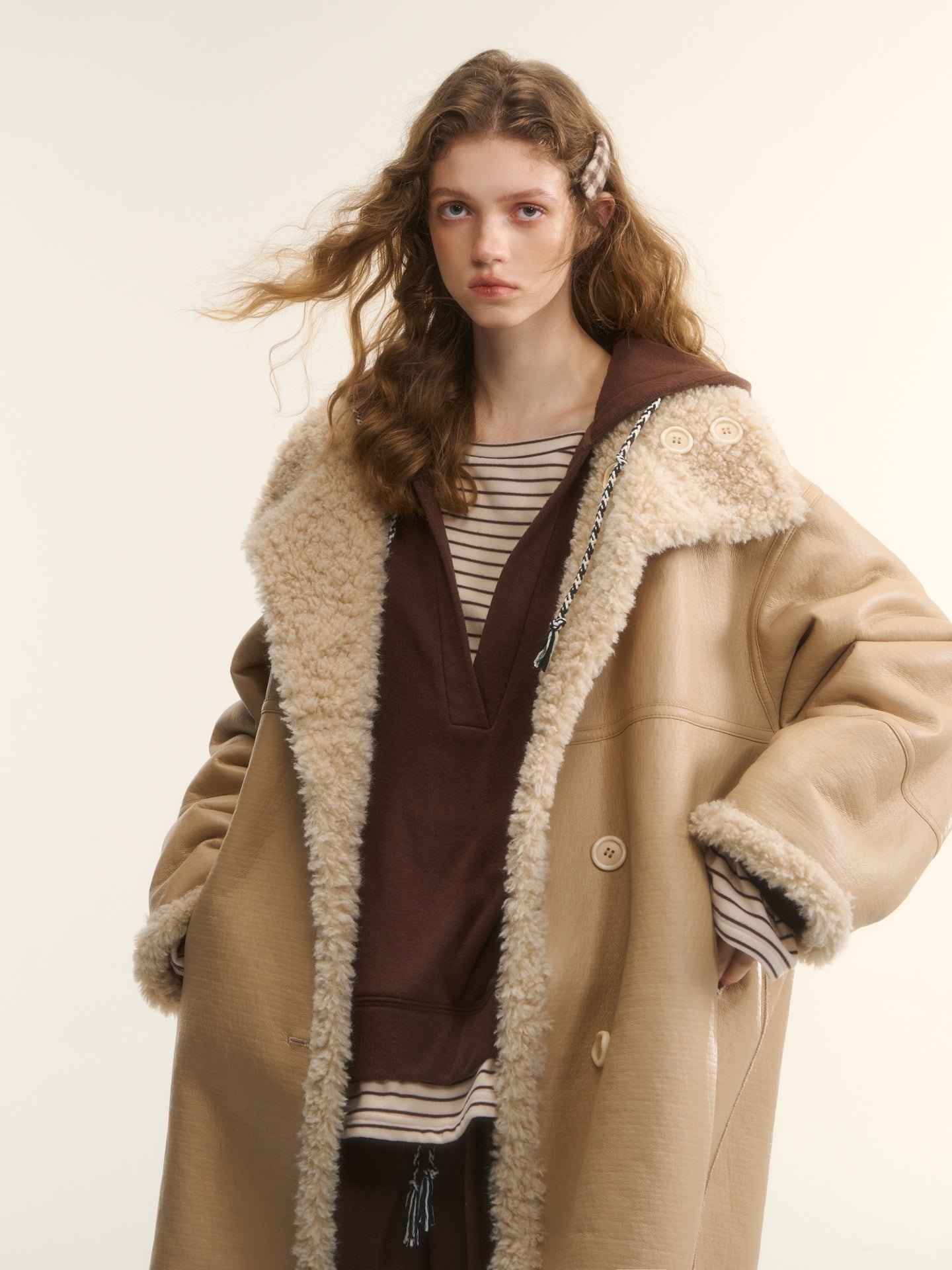 AsGony ASG25560 Two sided wool fur integrated mid length jacket