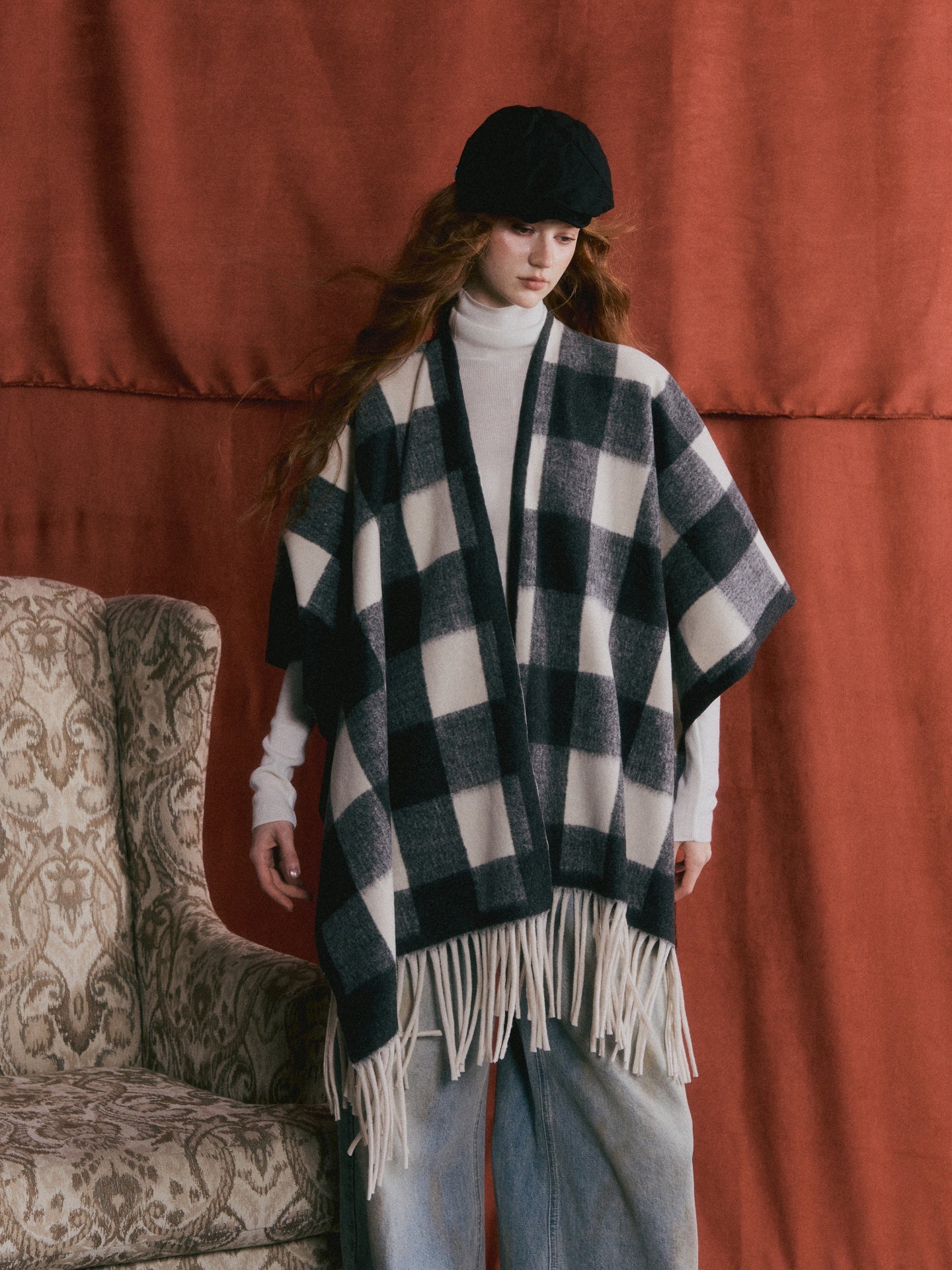 AsGony ASG25517 Versatile plaid cape shawl