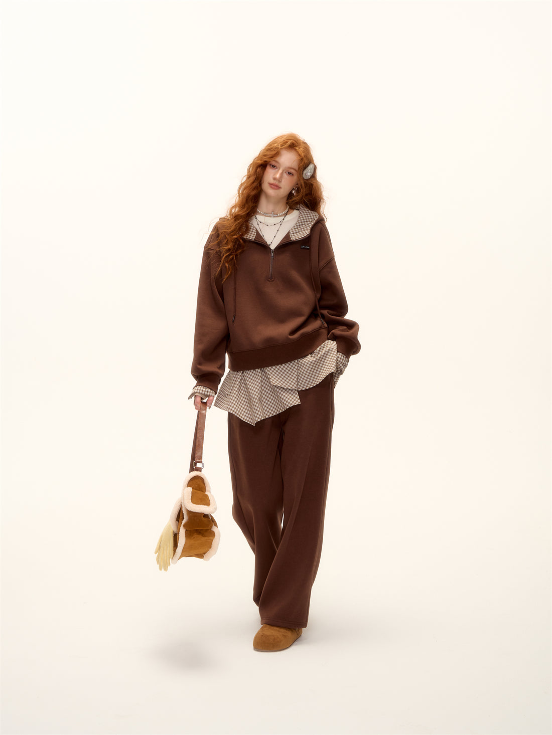 AsGony ASG24642&amp;ASG24641 Plaid patchwork fleece hoodie + pants set