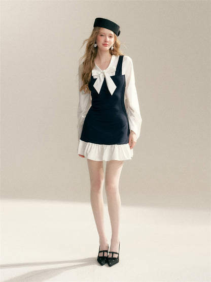 16DEWS 16D26015 Fake two V-neck lace up contrasting splicing slim fit dress