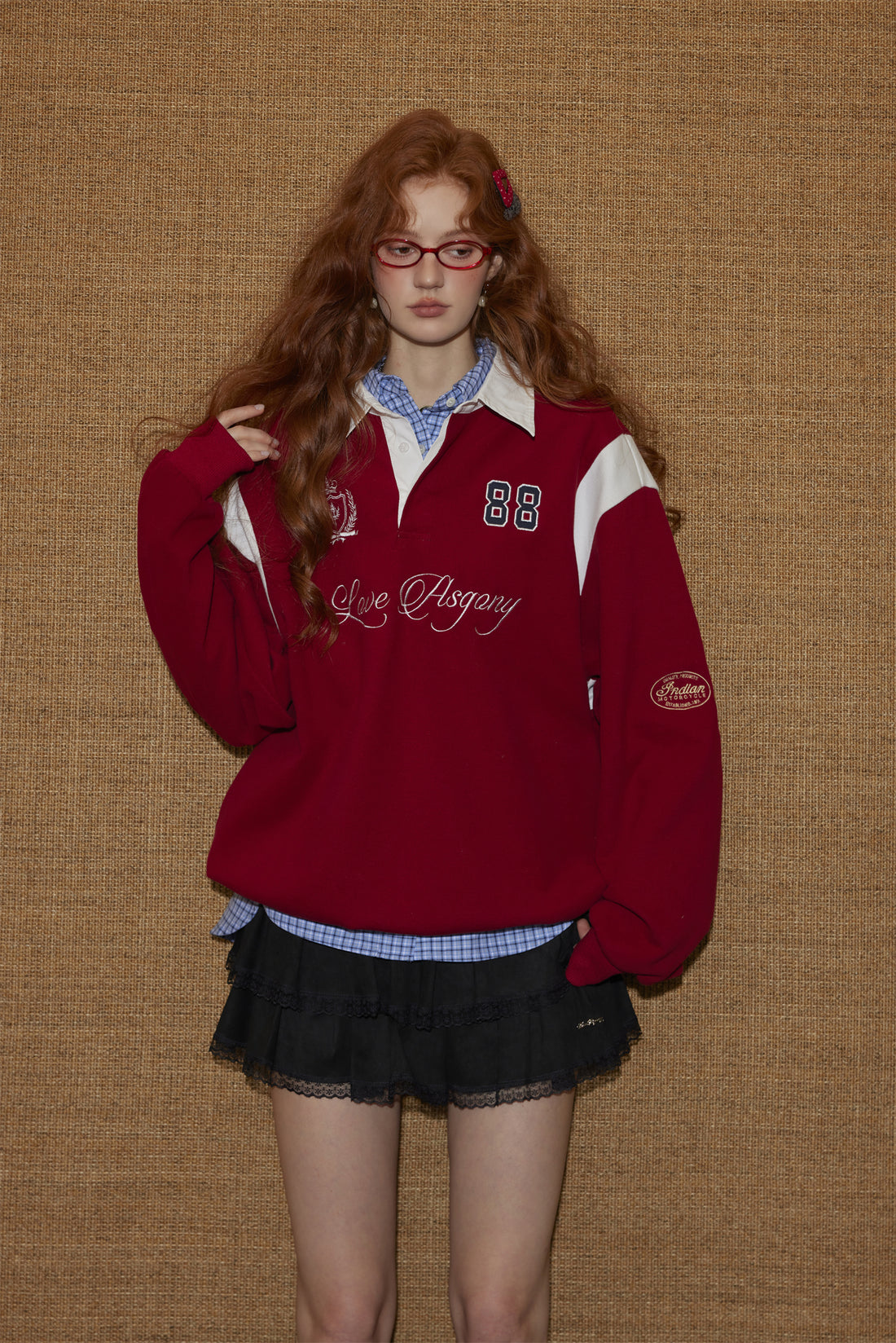 AsGony ASG25439 Color blocking shirt collar embroidered drawstring sweatshirt