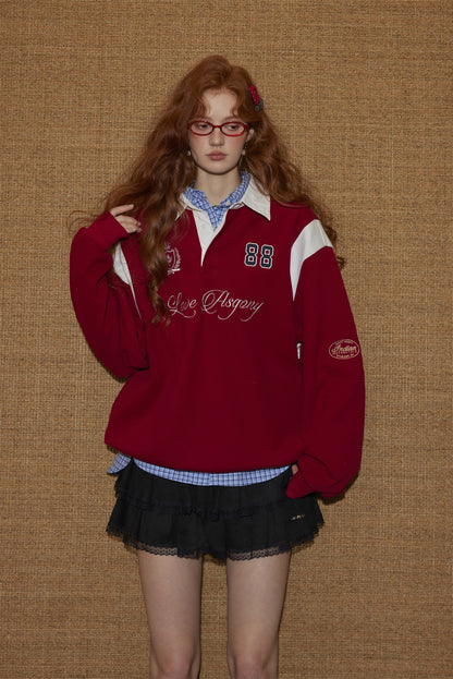 AsGony ASG25439 Color blocking shirt collar embroidered drawstring sweatshirt