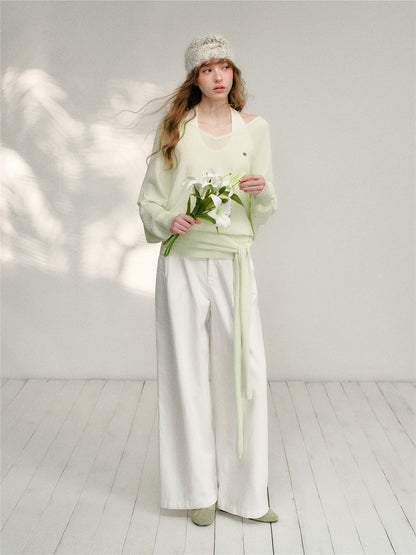 16DEWS 16D26132 V-neck strap waist cinching knitted sweater + vest two-piece set