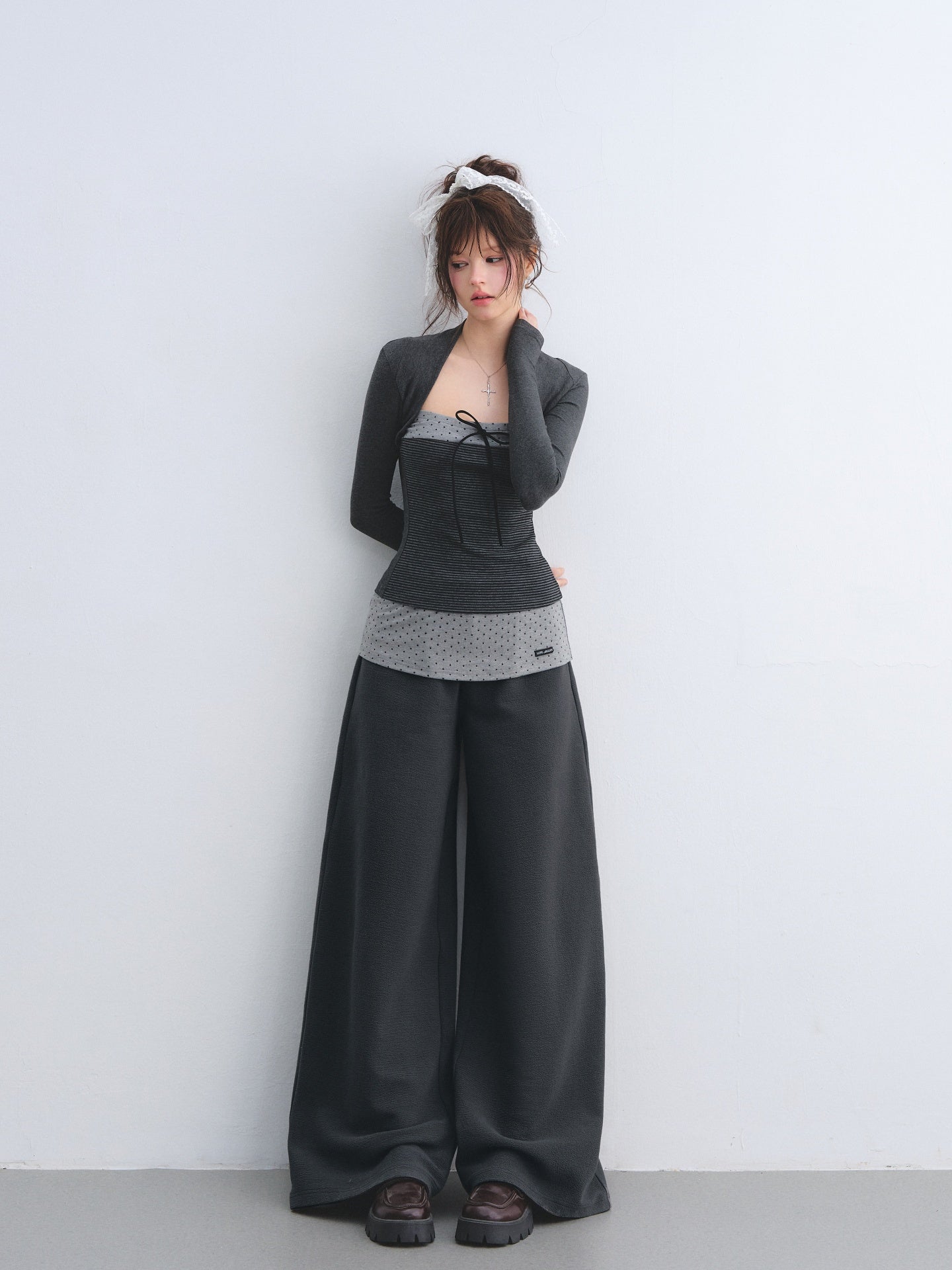 AsGony ASG26032&amp;ASG26033 Color blocked bow polka dot striped patchwork top + pants
