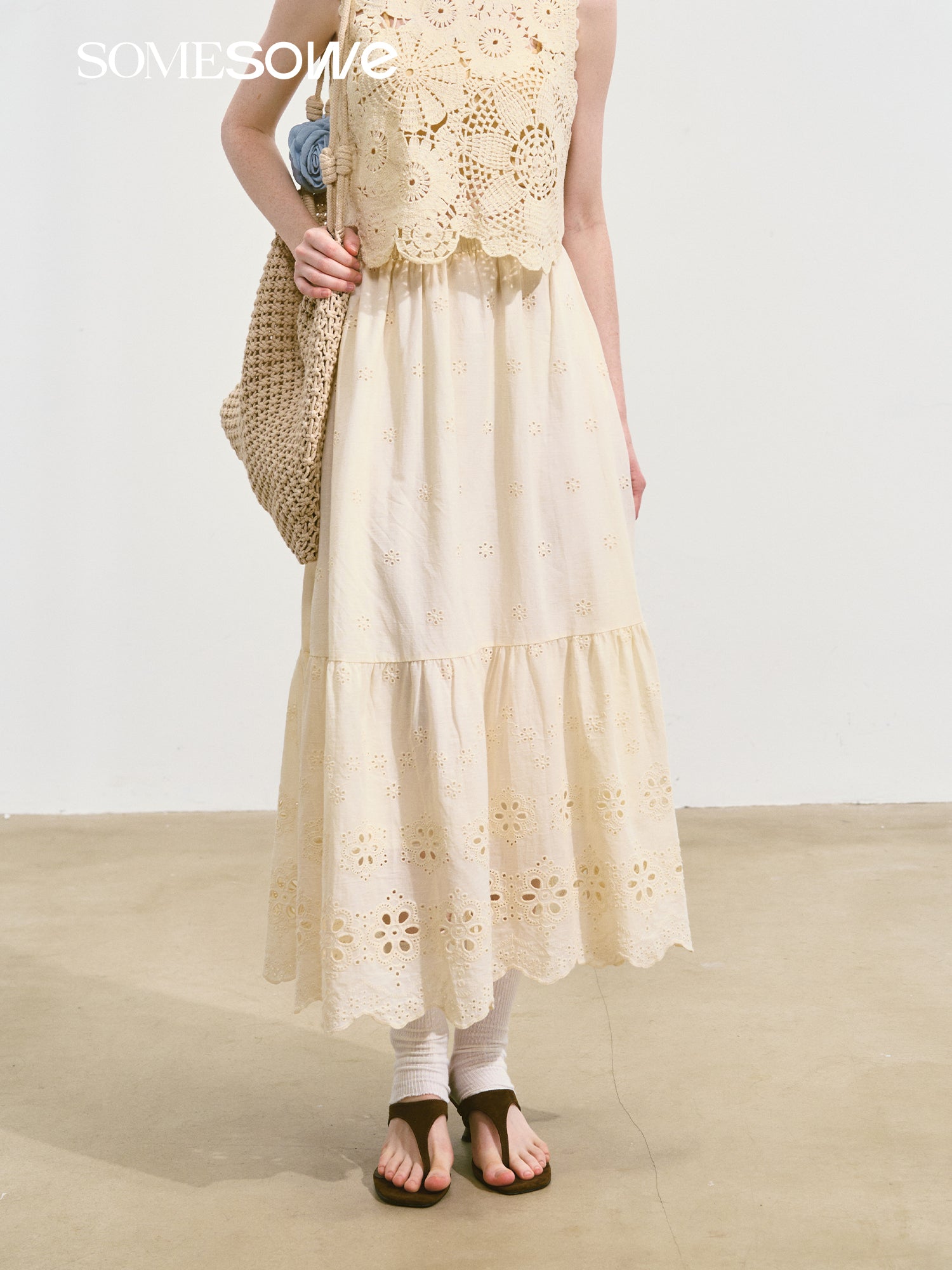 SOMESOWE S2508107&amp;S2508118 Embroidered hollow flower vest + skirt set