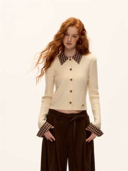 AsGony ASG25485 Wool plaid patchwork shirt collar twisted knit sweater