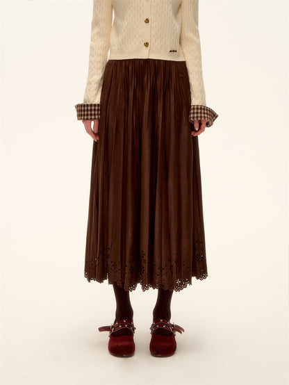 AsGony ASG25477 Hollow lace hem pleated suede long skirt