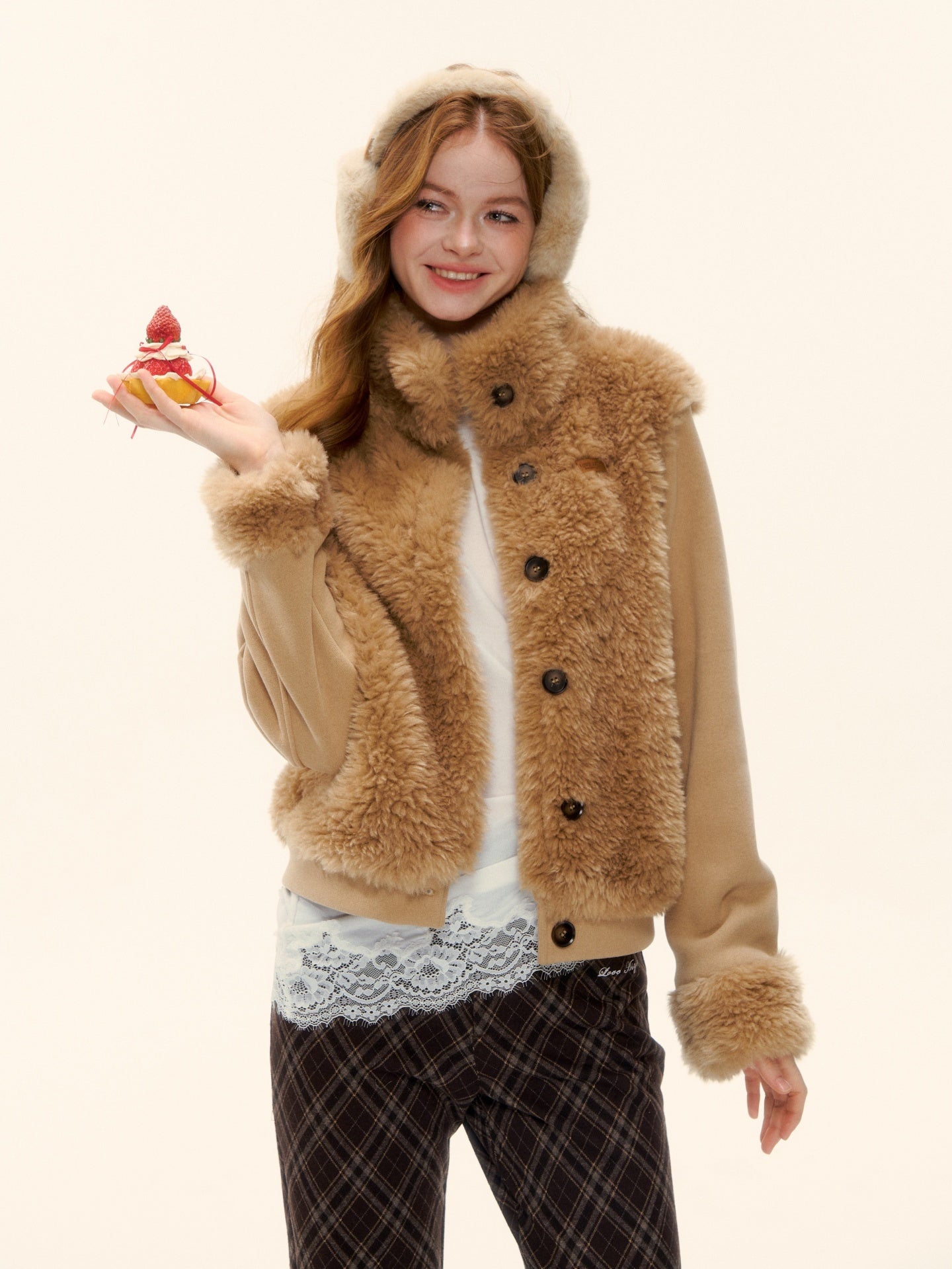 AsGony ASG25587 Environmentally friendly fur knitted stand up collar spliced jacket