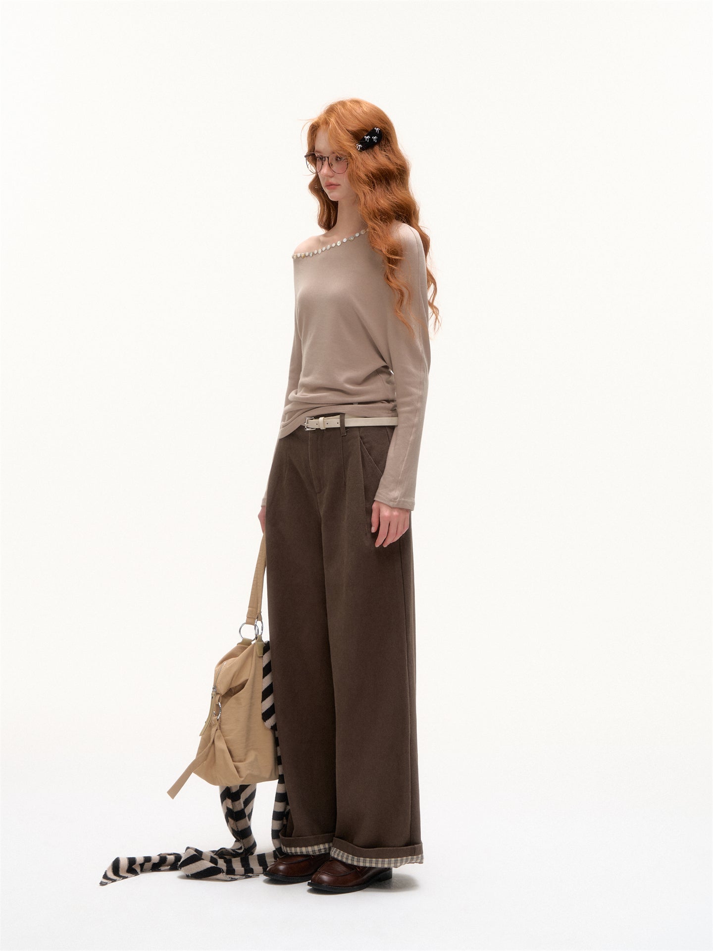 AsGony ASG25377 Checkered hem flared waistband loose pants