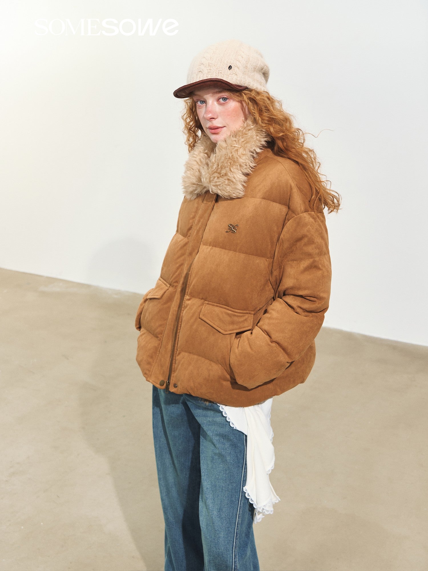 SOMESOWE S2508233 Suede patchwork fur collar down jacket